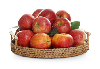 Fresh apples and green leaves isolated on white