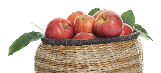 Fresh apples in wicker basket and green leaves isolated on white