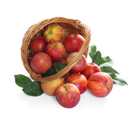 Fresh apples in wicker basket and green leaves isolated on white