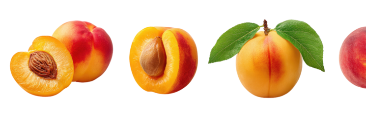 Four whole and halved apricots, in various stages of ripeness