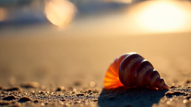 Seashell on Damp Sand Backlit by Sunset Golden Hour	