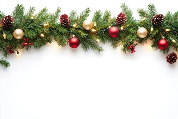 Seamless decorative christmas border with coniferous branches and garlands of christmas lights and ornaments decoration festival seasonal.