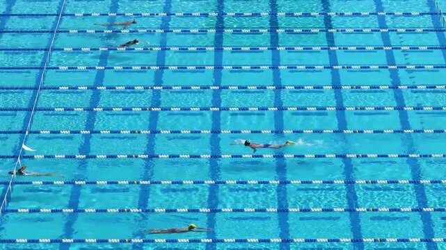 Swimming pool with straight lane lines and athletes practicing freestyle and backstroke techniques.