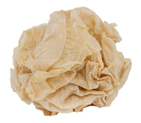 A lump or ball of crumpled brown paper on a white background. Crumpled paper