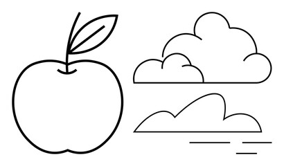Apple outline with a leaf next to two cloud designs in simple line art. Ideal for nature, health, agriculture, weather, education, minimalism, logo themes. Simple flat metaphor