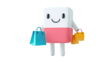 Shopaholic Eraser: A cheerful animated eraser character, arms laden with colorful shopping bags, embodies the essence of shopping spree happiness and the anticipation of a new purchase. 