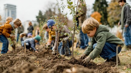Children Engaging in Community Planting Activity in City Park: A Heartwarming Scene of Young Volunteers Cultivating Trees in an Urban Environment