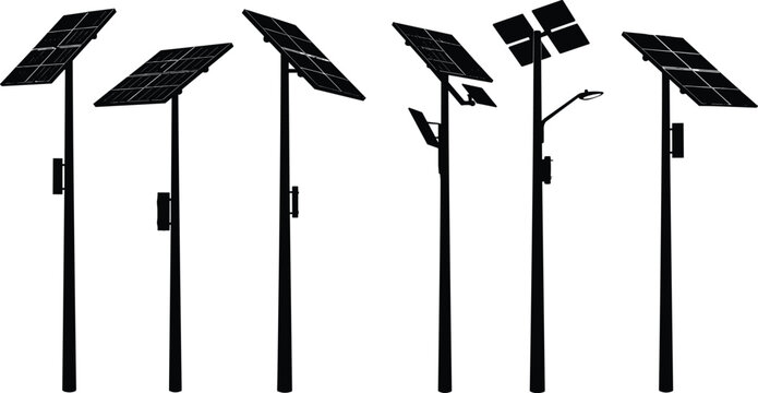 Set of solar-powered street lamp silhouettes with panel variations—vector illustration for sustainable, urban, and architectural lighting design themes