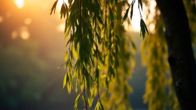 Weeping Willow Branches Swaying in Wind at Sunset	
