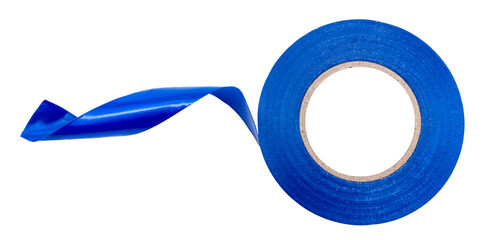 A piece of crumpled insulating tape on a white background. Blue insulating electrical tape.