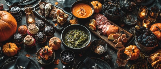 A night of eerie elegance: the quintessential halloween dinner experience. Scifi poster. An explosive halloween symphony: from risotto ribbons to webbed cakes. Visual poster. Fantasy poster.