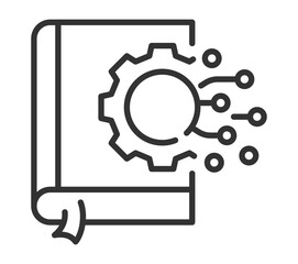 Illustrated book with gear symbol on cover representing technical knowledge