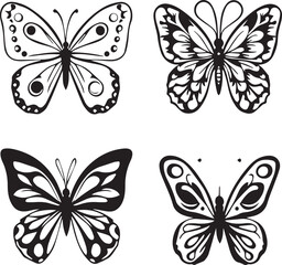 Fototapeta premium Butterfly icon set with stylized wing patterns in black and white silhouette decorative nature style