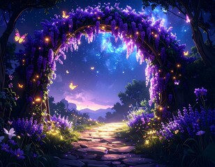 Magical forest archway at night