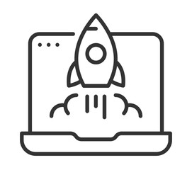 Rocket launch icon on laptop screen representing startup and innovation