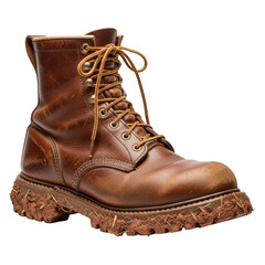 Durable brown leather work boot with rugged sole and yellow laces isolated transparent background