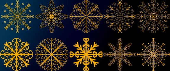 golden snowflakes on black background