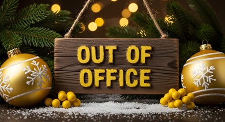 A wooden sign with 'Out of Office' is surrounded by Christmas ornaments and decorations, perfect for the holiday season.