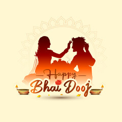 Vector illustration of Happy Bhai Dooj or Bhaiya Dooj Indian hindu festival greeting postcard. Silhouette of girl applying tilak on brother forehead background.