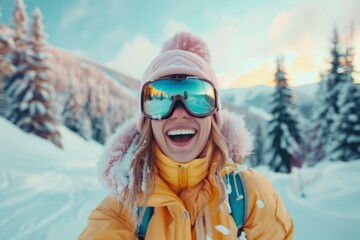 Joyful female skier smiles broadly surrounded by snow-capped mountains at sunset.
