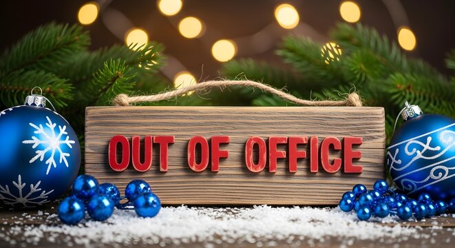A wooden sign with the words "Out of Office" is surrounded by Christmas decorations, including ornaments and evergreen branches. - Powered by Adobe