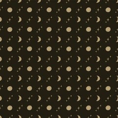 Seamless celestial pattern with moons and stars on a dark background in soft golden tones