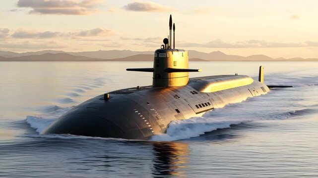 A modern submarine surfaces on calm water during a beautiful sunset