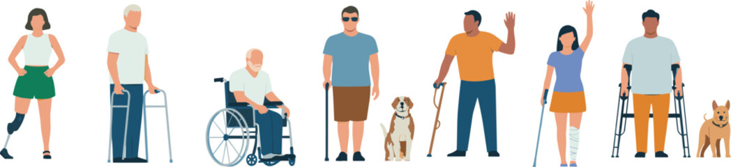 Diverse people with disabilities, mobility aids, inclusion, accessibility, prosthetics, wheelchairs, guide dogs, crutches, support, independence