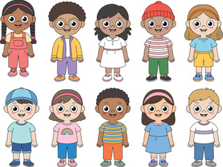 Diverse children illustration, cartoon kids group, multicultural happy faces, colorful outfits, smiling boys and girls, educational diversity concept, playful characters
