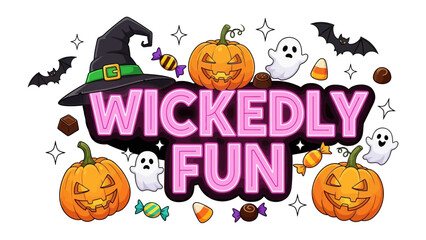 Wickedly Fun Halloween Illustration: A playful illustration of Halloween with candy, pumpkins, a witch hat and friendly ghost.