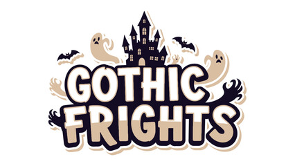 Gothic Frights: A spooky illustration evoking Halloween with a haunted castle, bats, and ghosts. A scary image for autumn festivals or haunted attraction.
