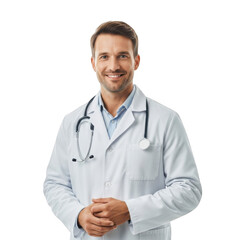 Confident male doctor in white coat with stethoscope ready to provide medical care transparent background