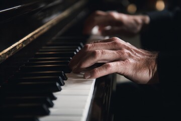 Hands playing classical piano keys performing music