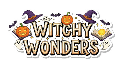 Witchy Wonders Illustration: An enchanting and whimsical illustration, with bats, grinning pumpkins, friendly ghosts, and other spooky Halloween objects. 