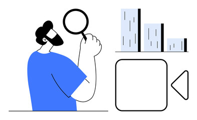 Man holding magnifying glass, examining bar graphs and analysis interface element. Ideal for data analysis, research, evaluation, curiosity, exploration, decision-making and focus metaphor. Clean