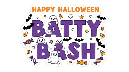 Spooky Halloween Celebration: Festive Batty Bash text is surrounded by playful illustrations, including ghosts, bats, and candy corn, celebrating the spooky spirit of Halloween. 