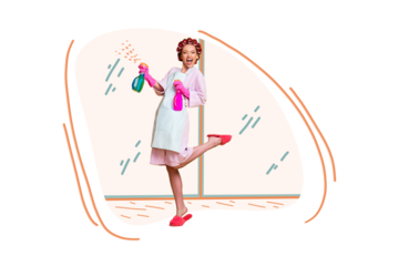 Creative image collage young lady housewife cleaning spray wash tidy sanitary duty service housekeeper chores drawing background