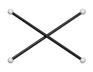 Two black rods crossing, with white spheres at the ends
