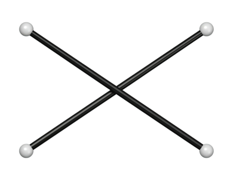 Two black rods crossing, with white spheres at the ends
