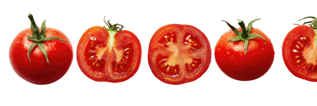 Ripe tomatoes, whole and halved - Powered by Adobe