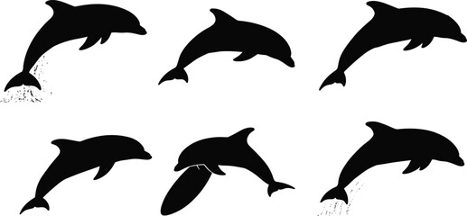 Dolphin silhouette illustration, marine animal design, ocean wildlife vector, jumping dolphin artwork, aquatic creature graphic, sea life symbol, tropical nature artwork