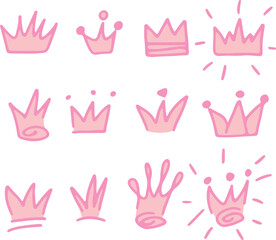 Royal crown and tiara doodles, hand-drawn in sketch vector style illustrations. Drawn with pink curved lines in grunge style