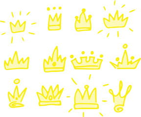 Set of sketch style hand-drawn crowns and royal tiaras in doodle vector form. Drawn with yellow curved lines in grunge style