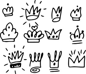 Doodle vector crown set with hand-sketched royal tiaras and crown drawings. Drawn with black curved lines in grunge style