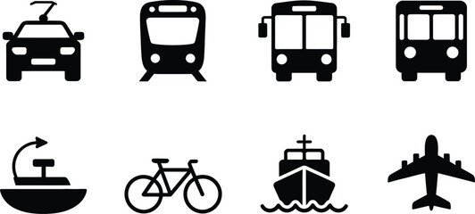 Transportation Icons Set Black and White Vector Illustration Different Vehicles