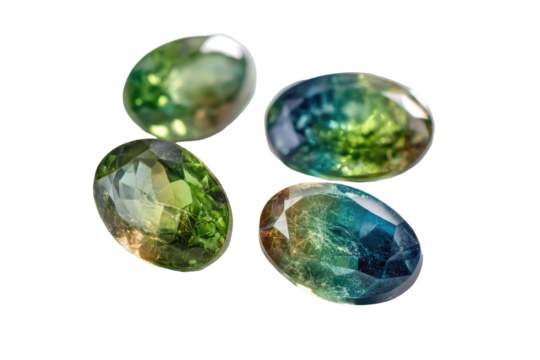 Four faceted gemstones,  emerald and teal hues