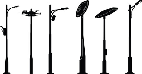 Set of modern streetlight pole silhouettes with drone, surveillance, display, solar panel, birdhouse features—smart city infrastructure vector illustration