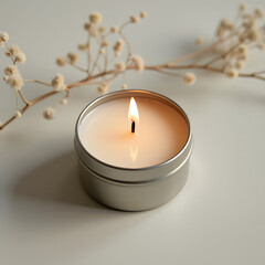 Handmade candle in tin burning with soft light and dried flowers