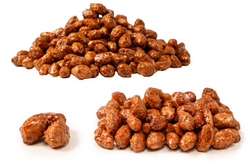 Tasty sweet roasted peanuts isolated on a white background.