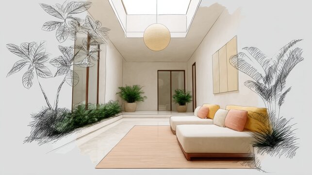 Sketching of eco friendly interiors showcasing a modern living space filled with greenery and natural light in a calm and serene atmosphere